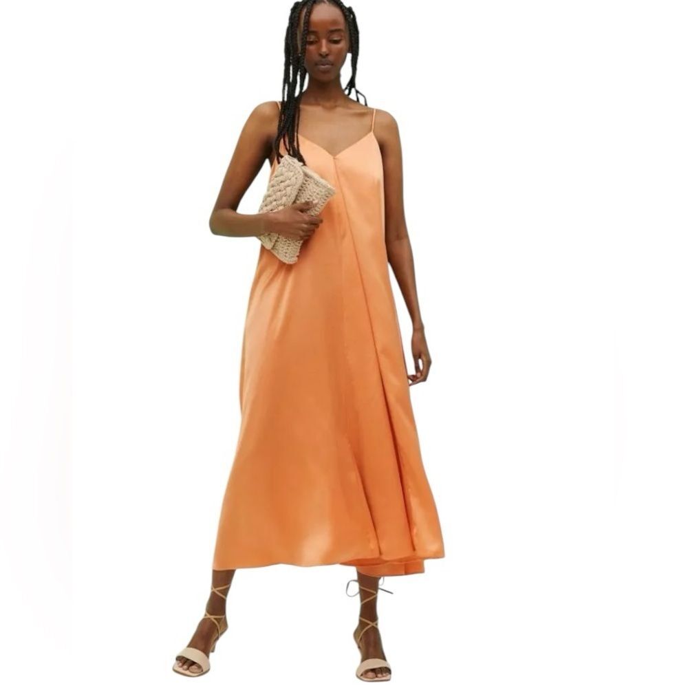 Satin Slip Dress Deep V Neck Midi A Line Silhouette Pleat in Pumpkin SZ Large